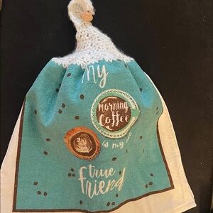 Hand crafted Crochet Top Coffee Themed Kitchen Towel